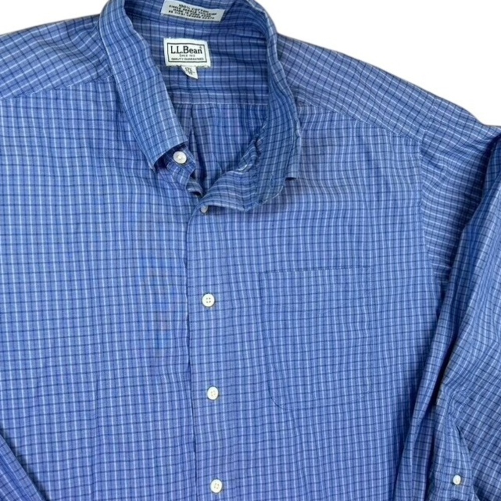 LL Bean Oxford Dress Shirt Men 17.5-33 Long‎ Sleeve Single Needle Checked Blue